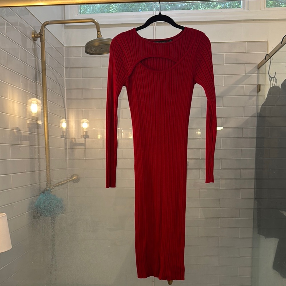 Nina Leonard Red Long Sleeve Crew Neck Bodycon Dress